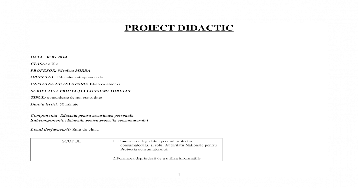 Proiect Didactic Protectia Consumatorului